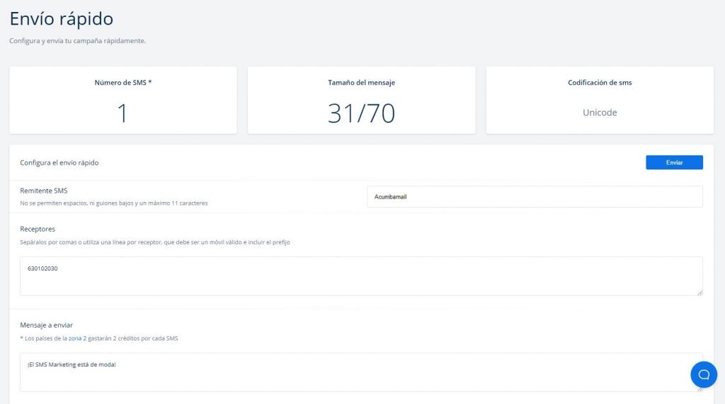 envío rápido de sms ejemplo