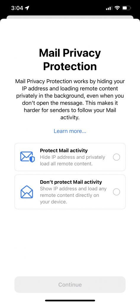 Mail Privacy Protection de Apple opción al acceder a la app Mail