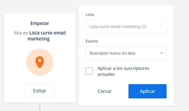 automatización de email paso 3 evento disparador