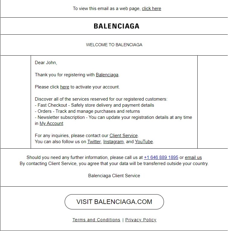 Ejemplo de email de texto plano de Balenciaga