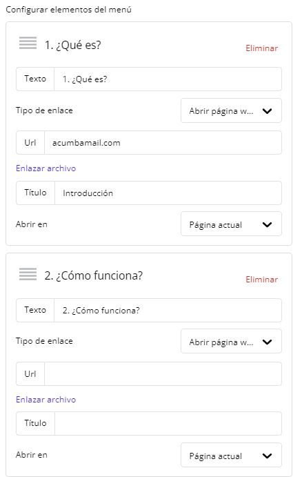 configuración de menú de navegación en un email de Acumbamail