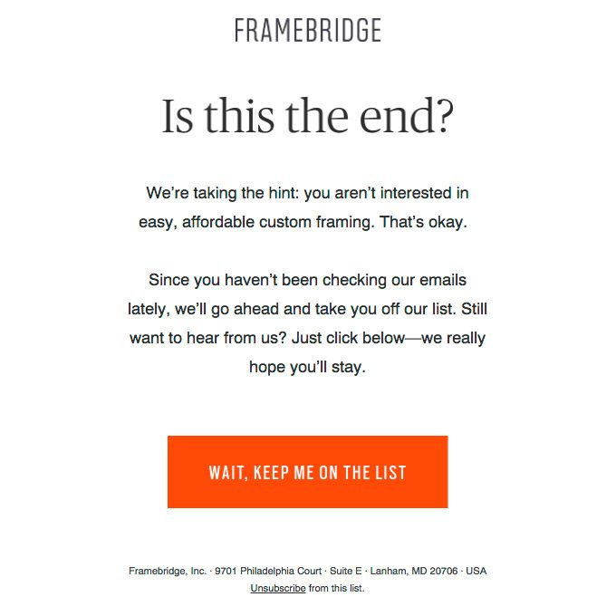 Ejemplo de email de reactivación Framebridge
