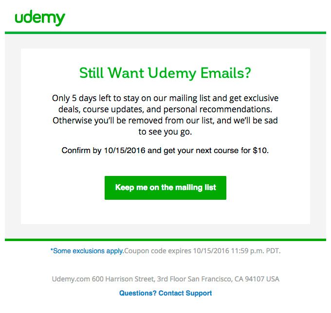 Email de reactivación de Udemy