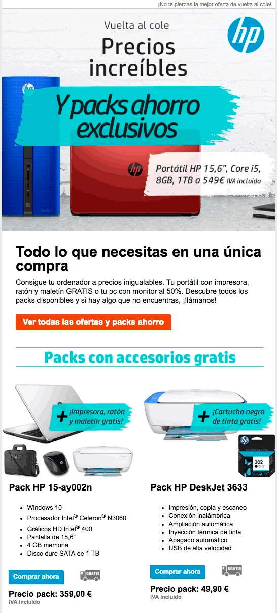 email pack de productos