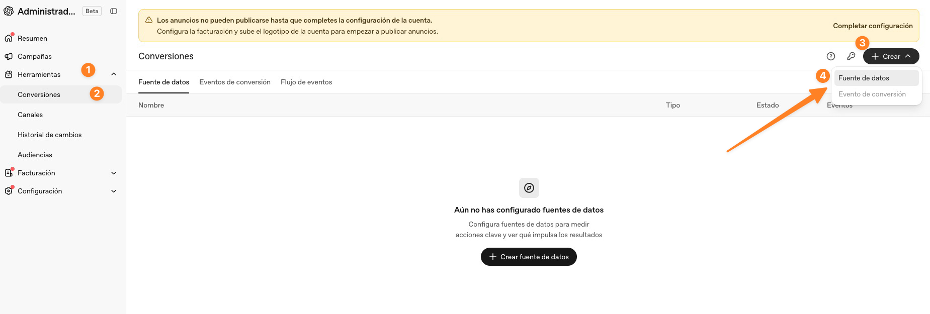 crear fuente de datos ads manager chat gpt