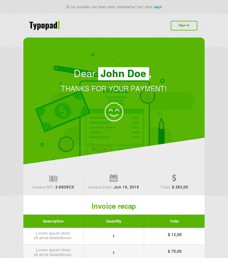 Plantilla email marketing Factura verde