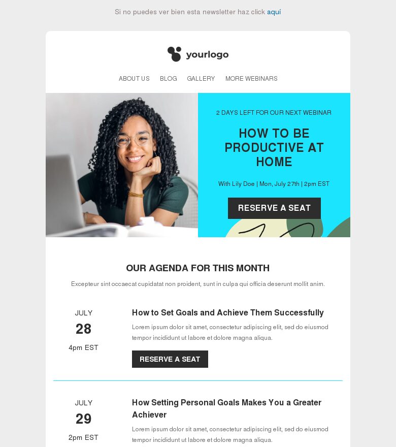 Template email marketing Próximo webinar en 2 días