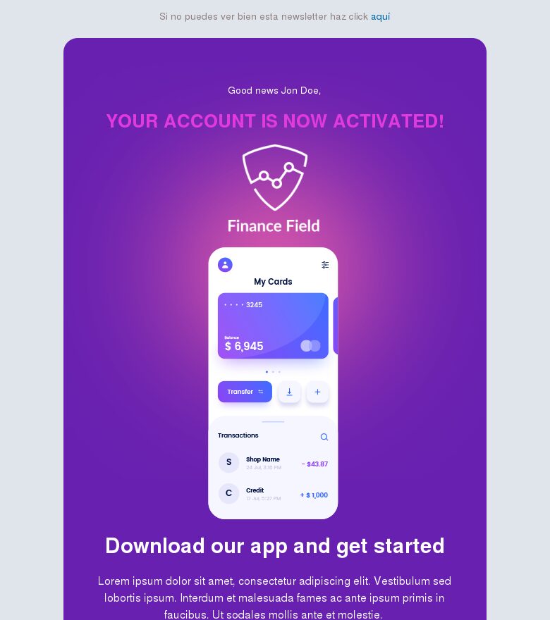 Template email marketing Activación de cuenta en morado