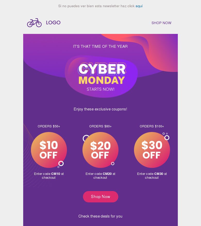 Template email marketing El Cyber Monday empieza ahora