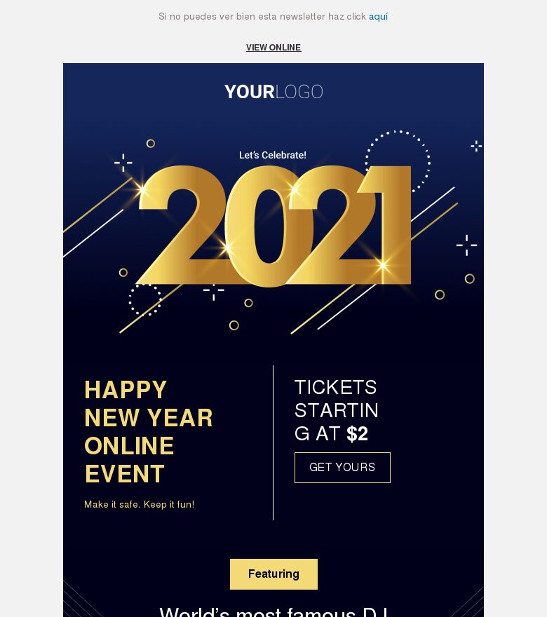Template email marketing Consigue tus entradas para esta Nochevieja