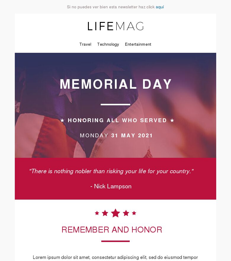 Template email marketing Revista de Memorial Day