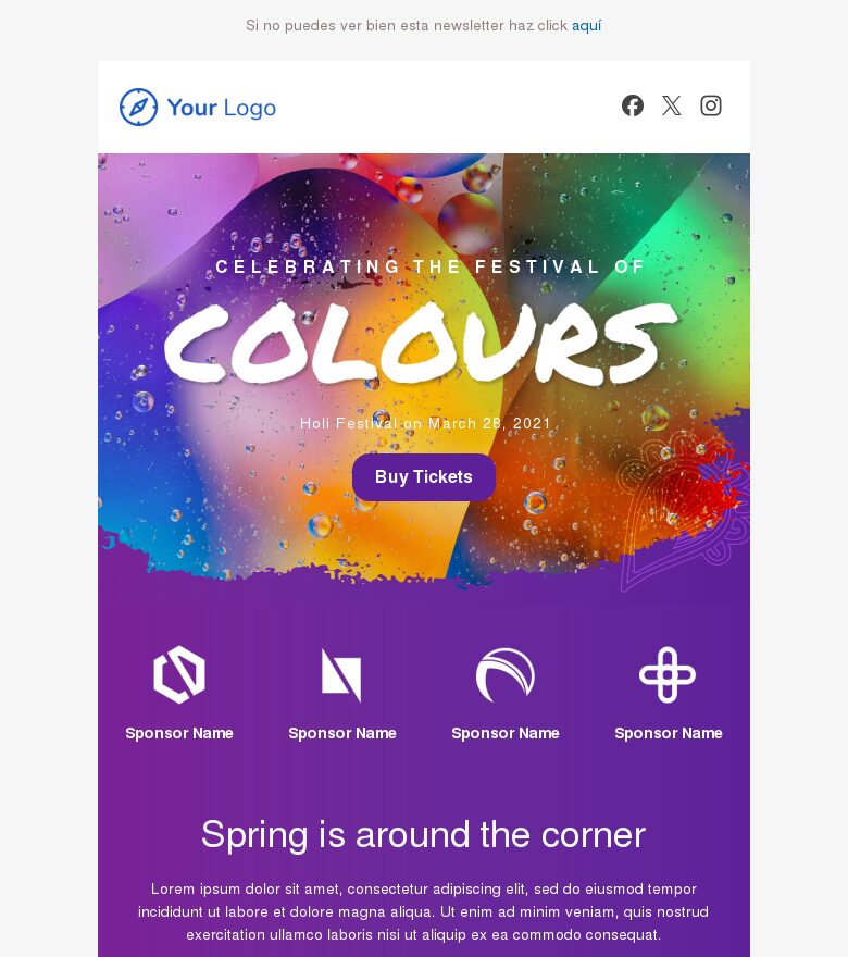 Template email marketing Ya está aquí el festival Holi