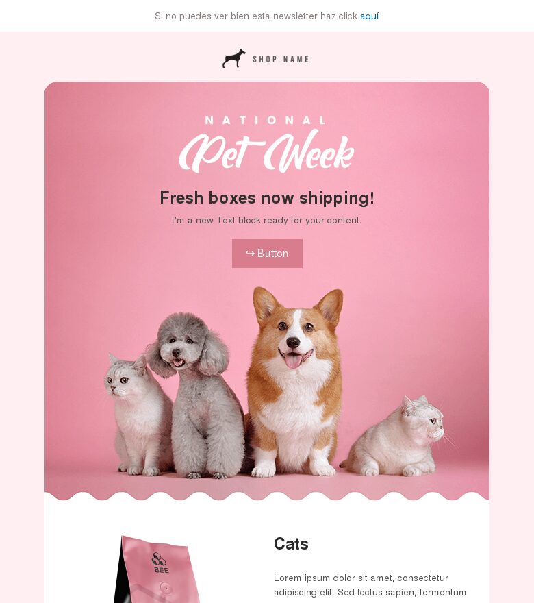 Email marketing template Tienda de mascotas en rosa