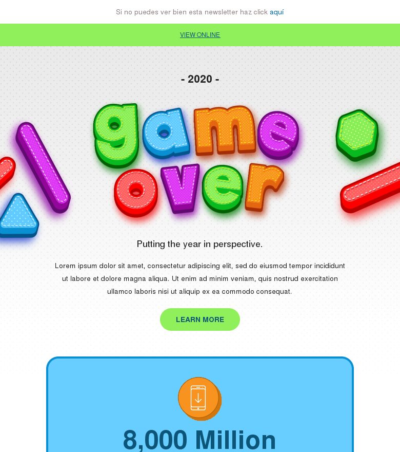 Template email marketing Resumen anual game over 2020