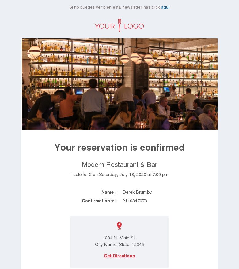 Template email marketing Confirmación de reserva de restaurante
