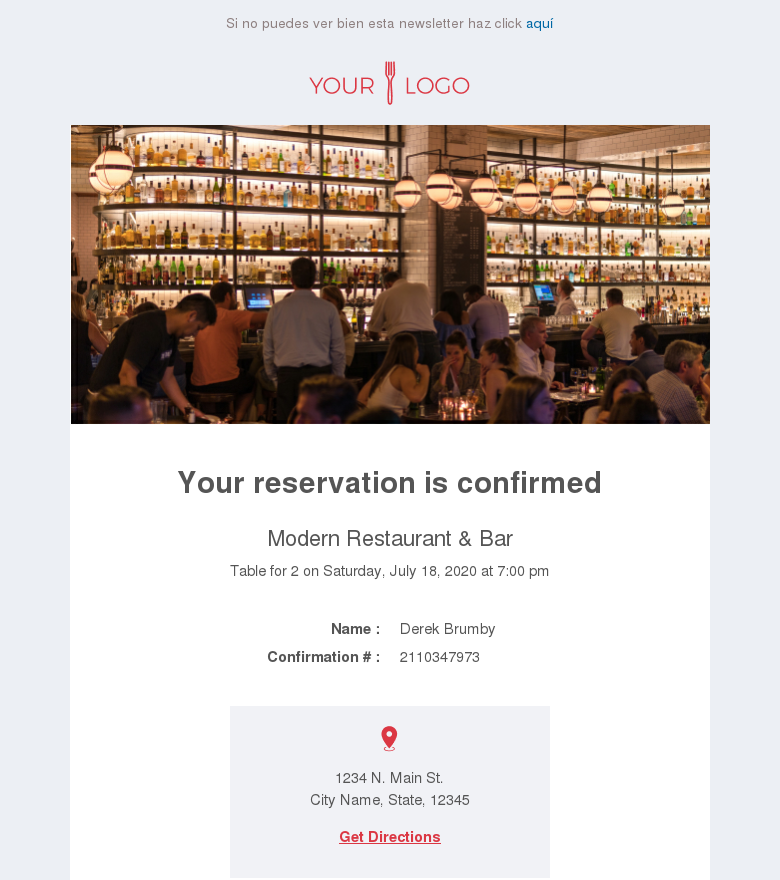 Plantilla email marketing Restaurant reservation confirmation