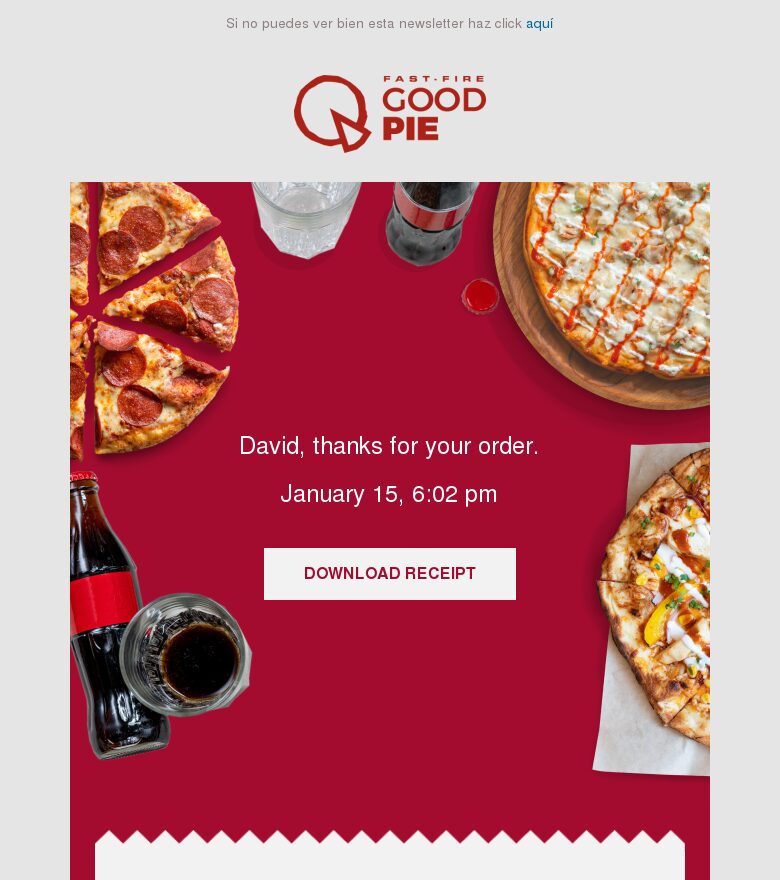 Template email marketing Recibo de pedido de restaurante