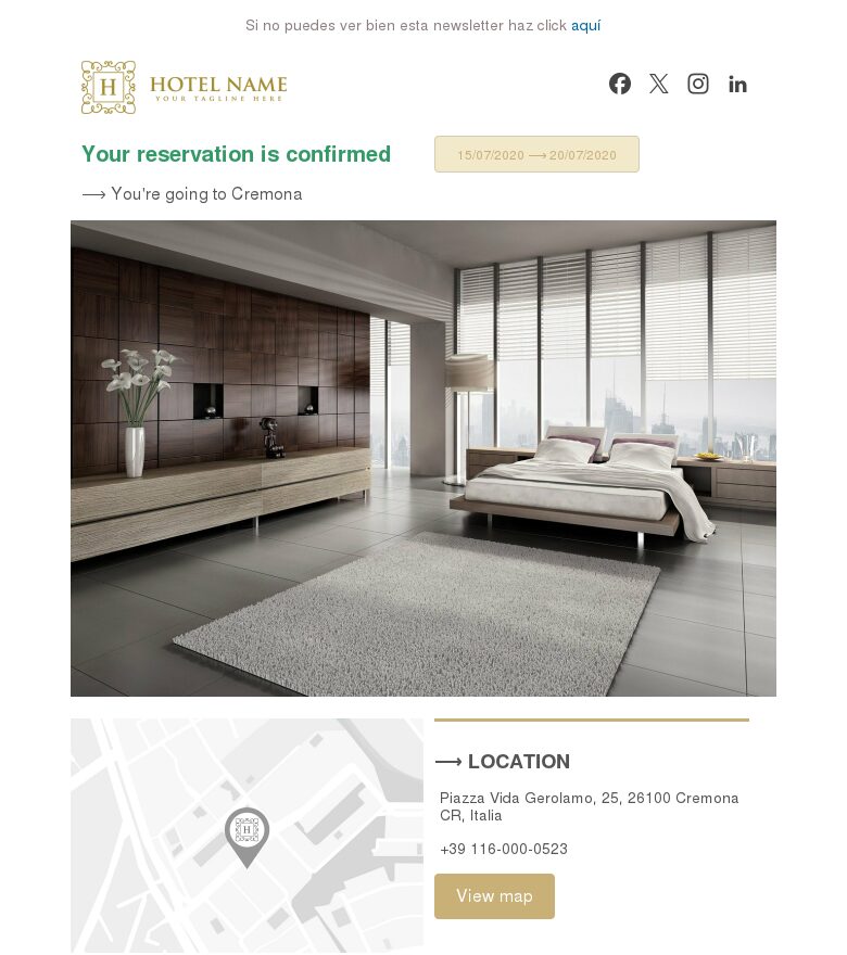 Template email marketing Confirmación de habitación minimalista