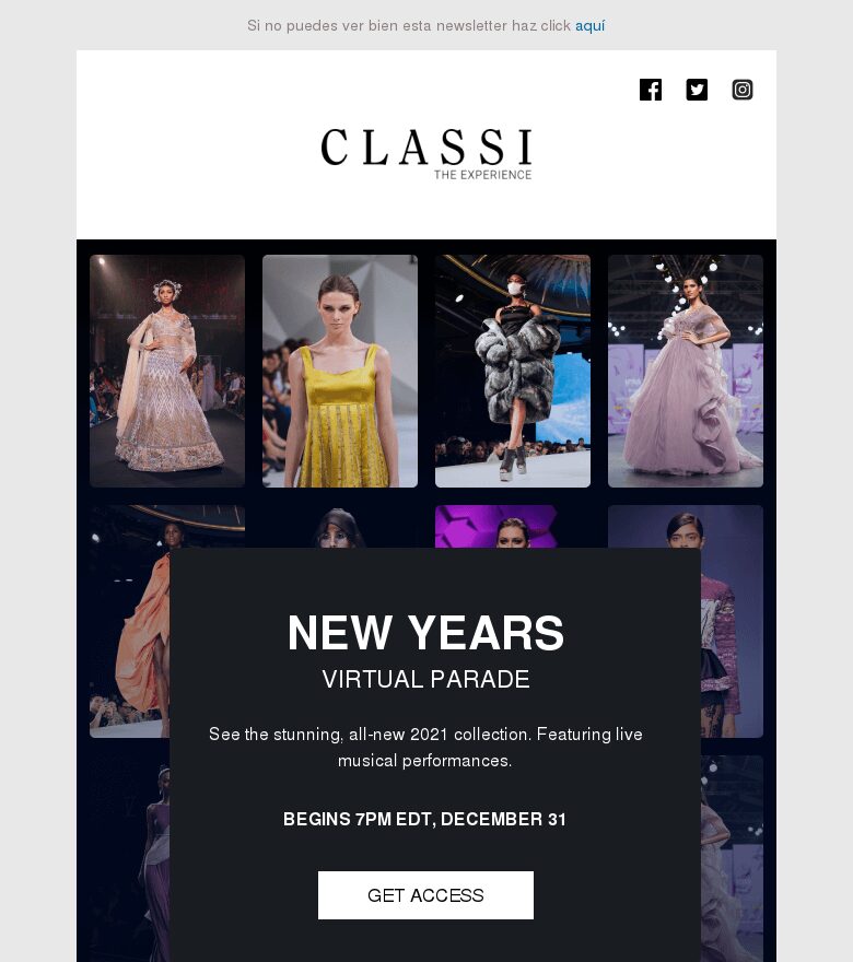 Template email marketing Desfile de moda virtual de Año Nuevo