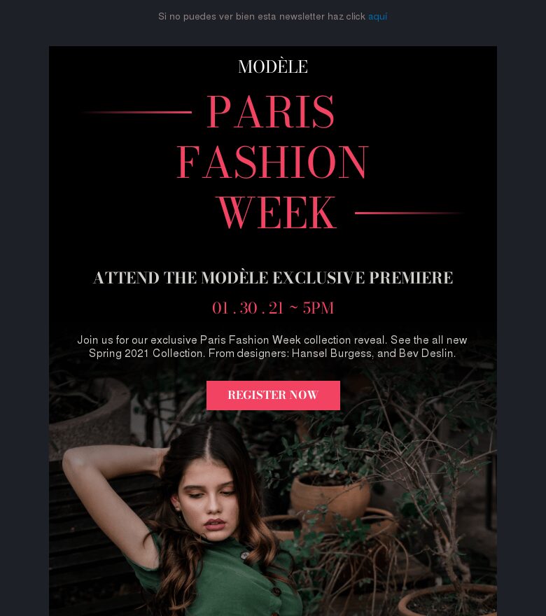 Plantilla email marketing Evento en directo de la semana de la moda de París