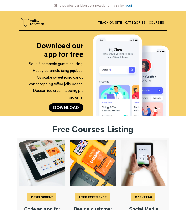 Plantilla email marketing Online courses app