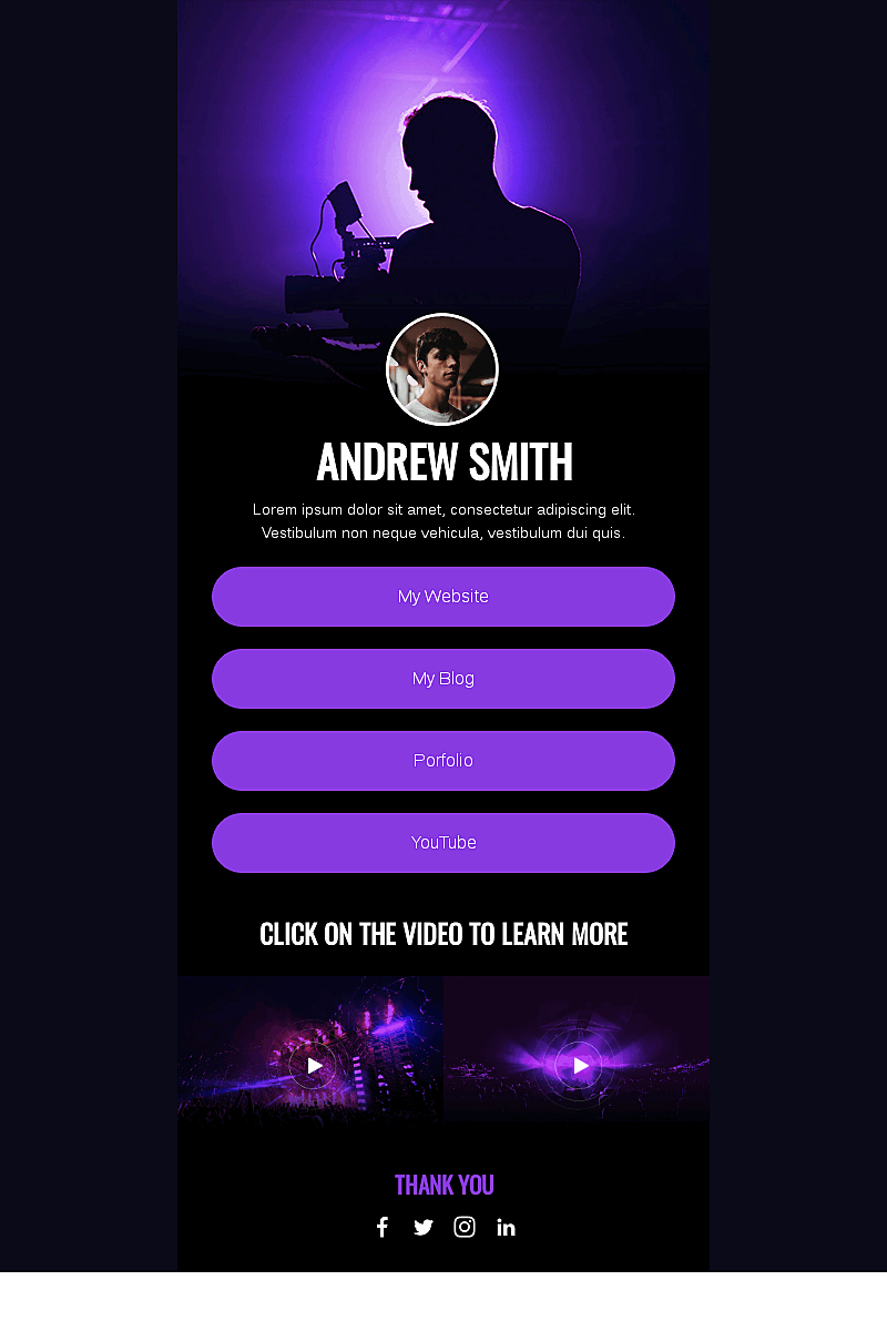 Plantilla landing page Instagram link in bio for a video maker