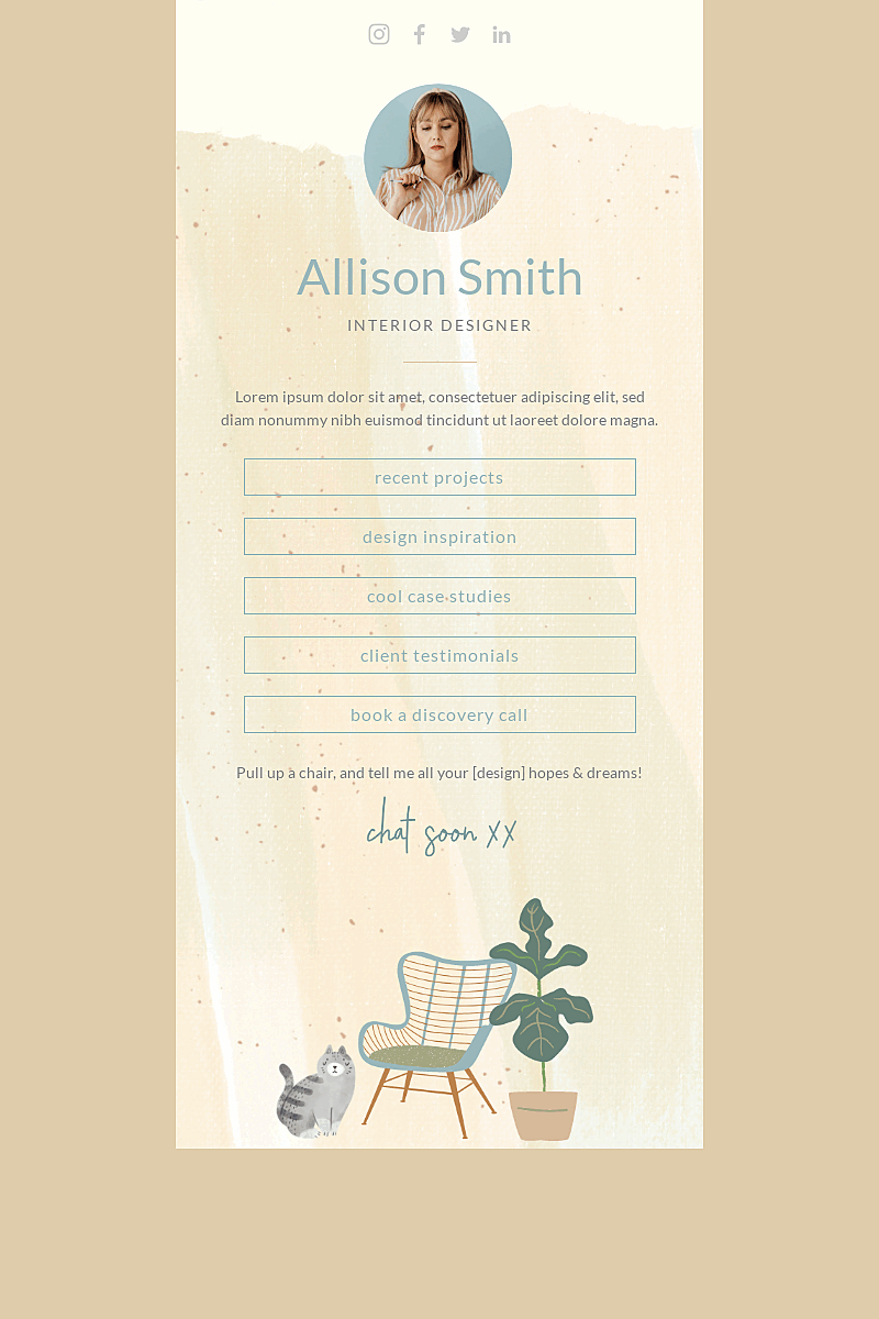 Plantilla landing page Link in bio for an interior designer