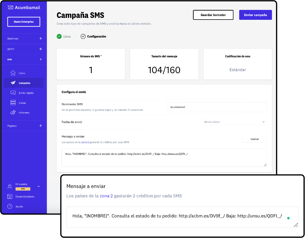 Personaliza tu mensaje con valores únicos, enlaces y gestión de bajas