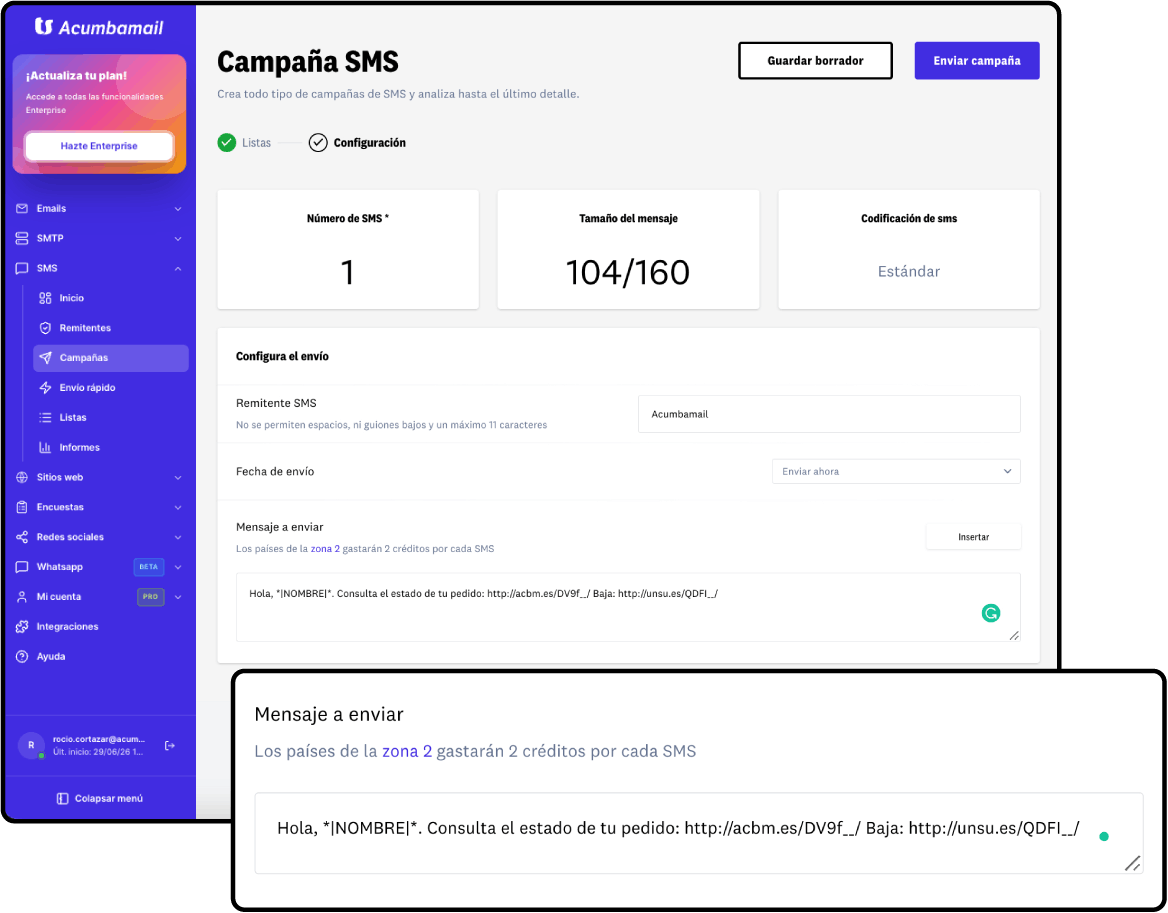 Personaliza tu mensaje con valores únicos, enlaces y gestión de bajas