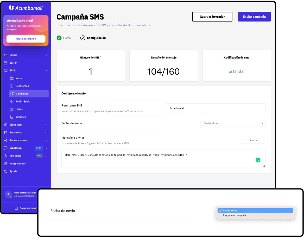 Envía tu SMS o prográmalo; combina SMS y email en un flujo inteligente