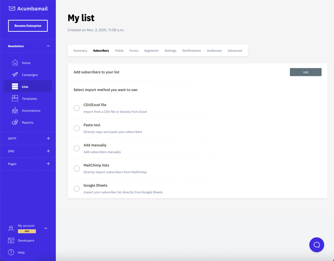 Create your subscribers' list