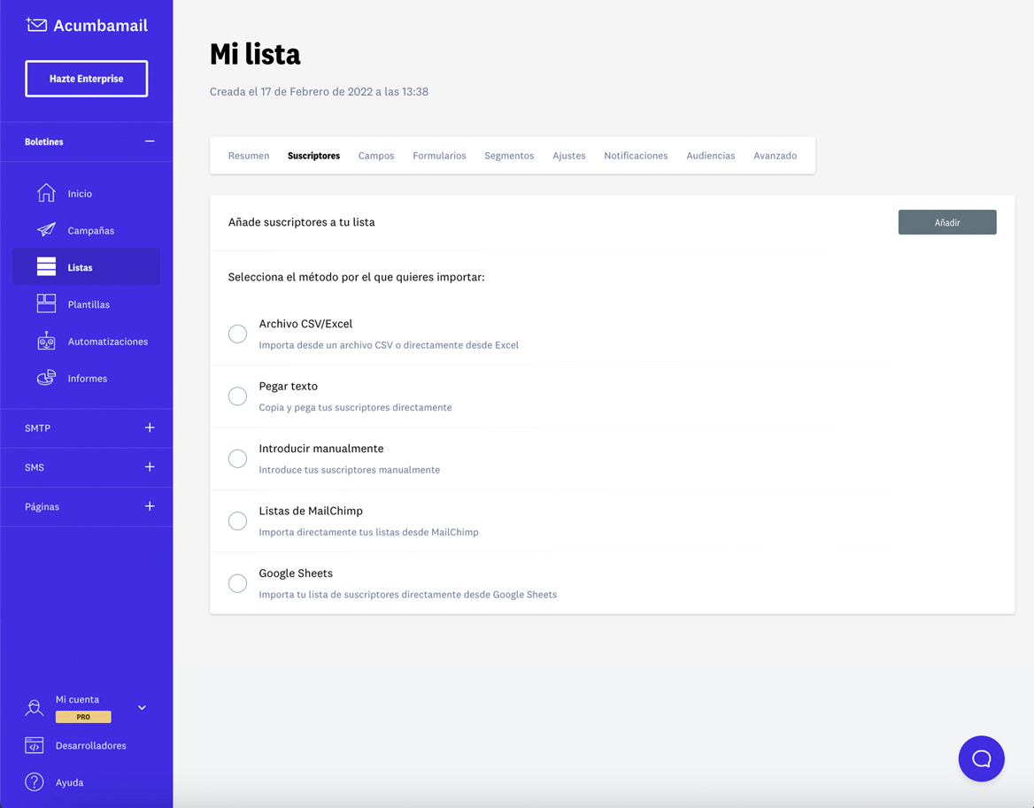 Crea tu lista de suscriptores