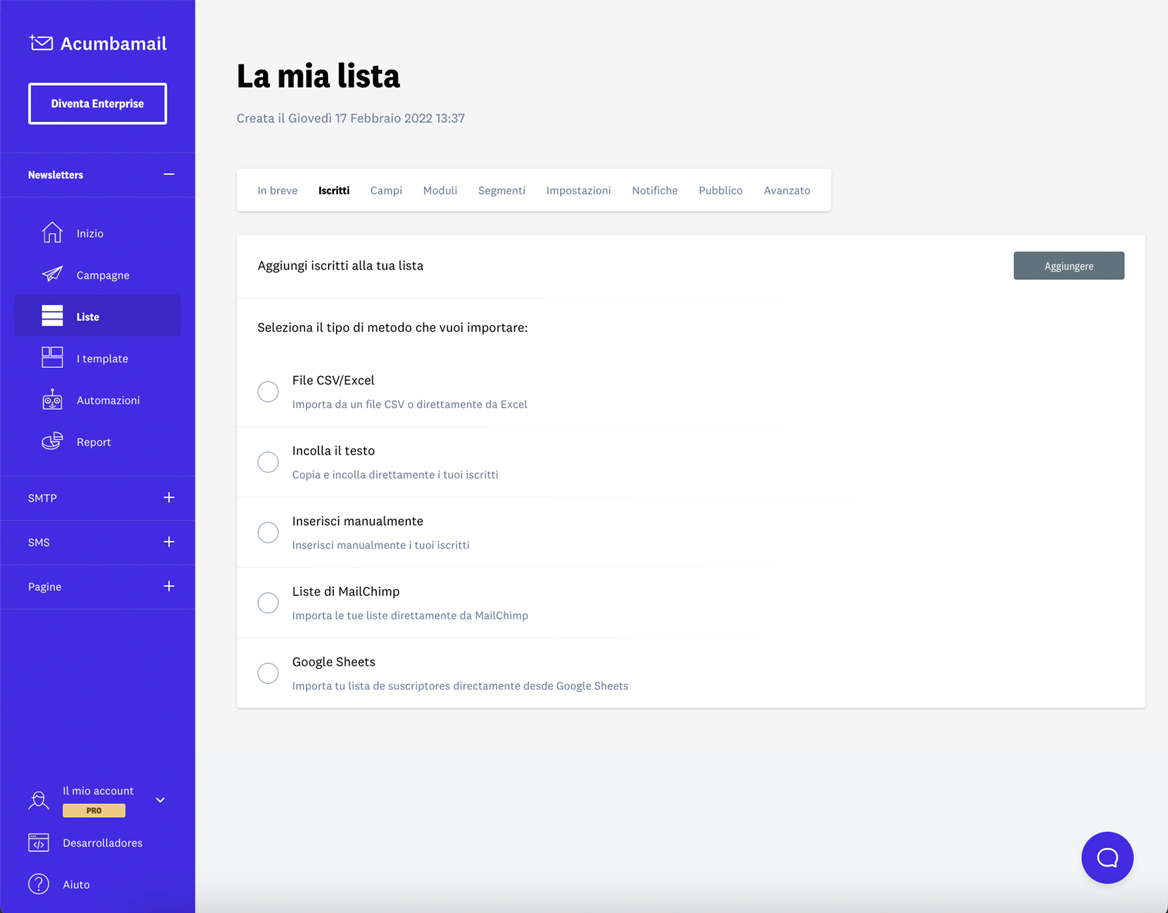 Crea una lista di iscritti